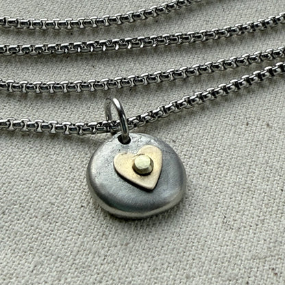 Tiny Heart Pebble Necklace -  Silver Pebble with Gold brass Heart Pendant - drake designs jewelry