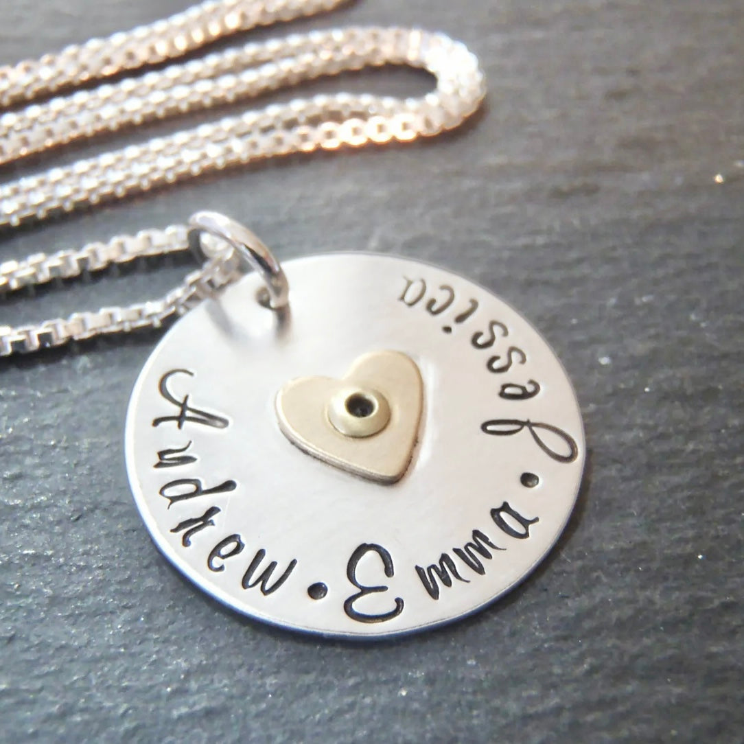 Mom necklace with kids names and golden heart - sterling silver mixed metal