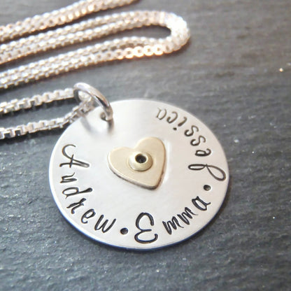 Mom necklace with kids names and golden heart - sterling silver mixed metal