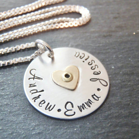 Mom necklace with kids names and golden heart - sterling silver mixed metal