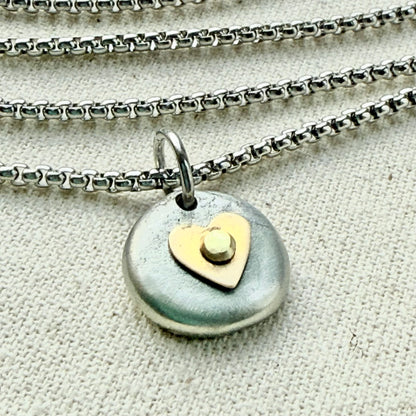 Tiny Heart Pebble Necklace - Silver Pebble with Gold Heart Pendant - drake designs jewelry