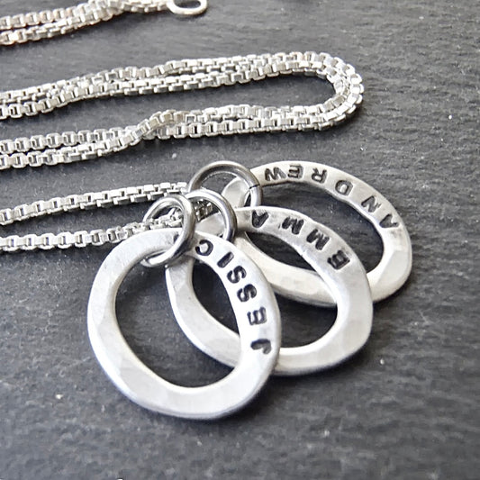 Organically shaped oval  sterling silver charms with kids names hand stamped - personalized mother's necklace - drake designs jewelry