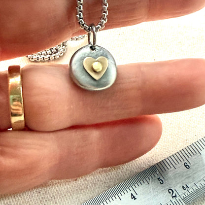 Tiny Heart Pebble Necklace - Healing Heart - Silver Pebble with Gold brass Heart Pendant - healing heart - drake designs jewelry