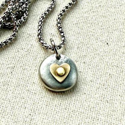 Tiny Heart Pebble Necklace - Healing Heart - Silver Pebble with Gold brass healing Heart Pendant - drake designs jewelry