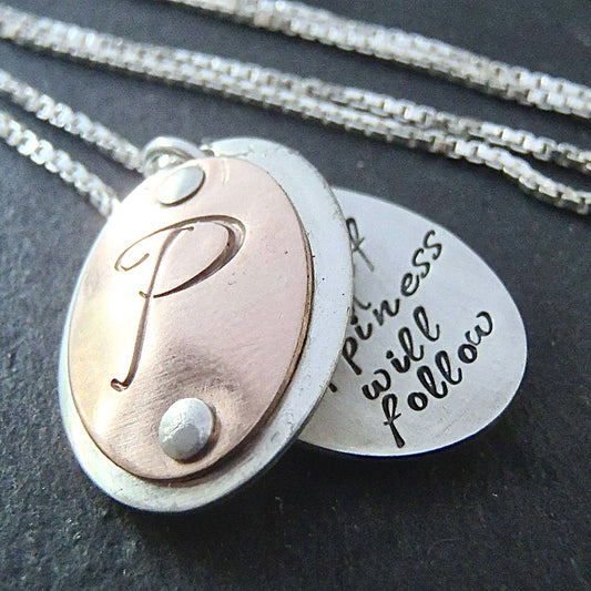 Oval Rose gold and Sterling Silver Locket with Initial and Custom Message Inside - drake designs jewelry 