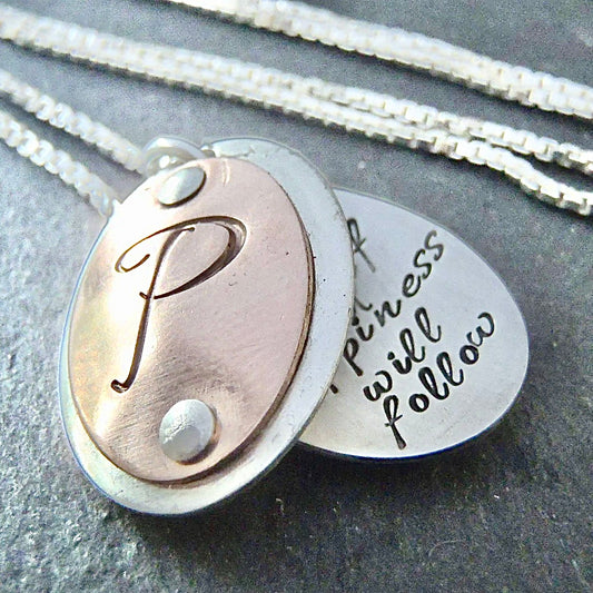 Oval Rose gold and Sterling Silver Locket with Initial and Custom Message Inside - drake designs jewelry 