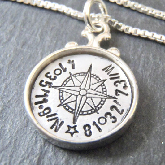 Rimmed Sterling Silver Custom Coordinates Compass Necklace