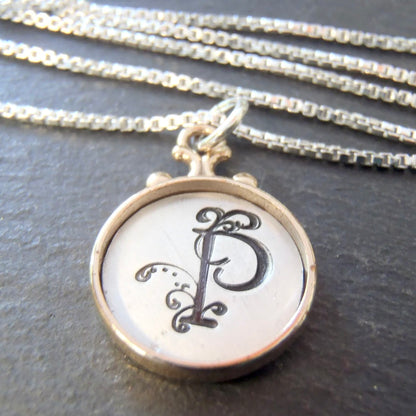 Pendant Necklace with gold rim and sterling silver flourished initial - drake designs jewelry