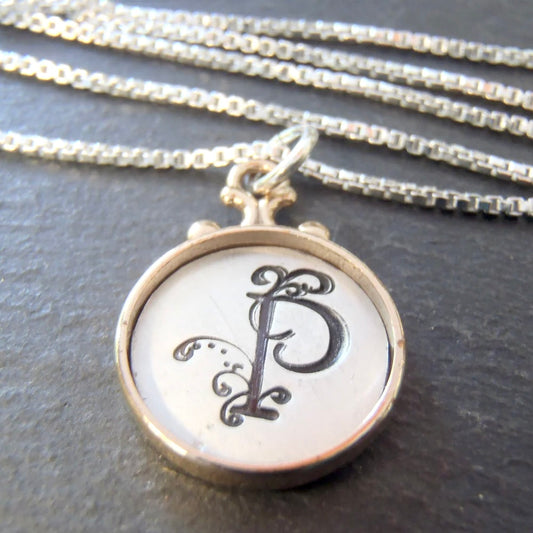 Pendant Necklace with gold rim and sterling silver flourished initial - drake designs jewelry