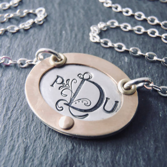 Oval Mixed Metal Monogram Necklace - Sterling silver with Gold Rim