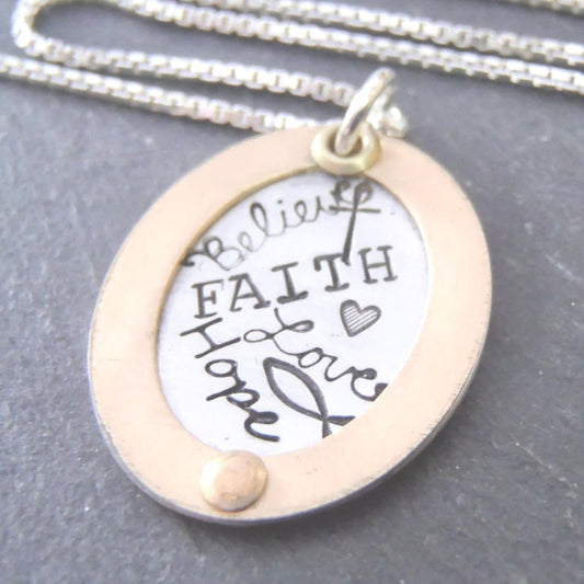 Oval gold rimmed Christian faith necklace - faith - hope - love - believe- ichthus and cross hand stamped - drake designs jewelry