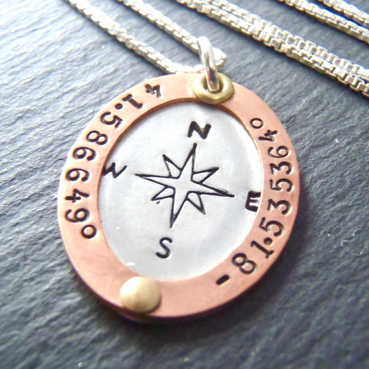 Personalized Compass Necklace with Custom Coordinates - Latitude and Longitude - Oval with Border Rim