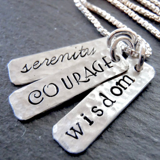 Serenity prayer courage necklace -solid sterling silver hammered and hand stamped - drake designs jewelry