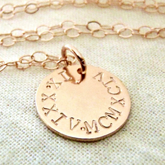 rose gold necklace with personalized anniversary date hand stamped in Roman Numerals - Drake designs Jewelry
