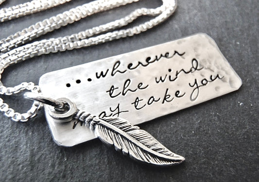 sterling silver feather necklace - wherever the wind takes you - inspirational graduation gift - drake designs jewelry
