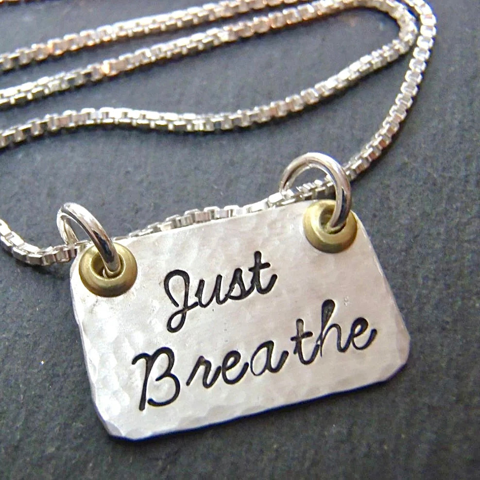 Sterling silver and gold accents just breath necklace - yoga mantra - drake designs jewelry