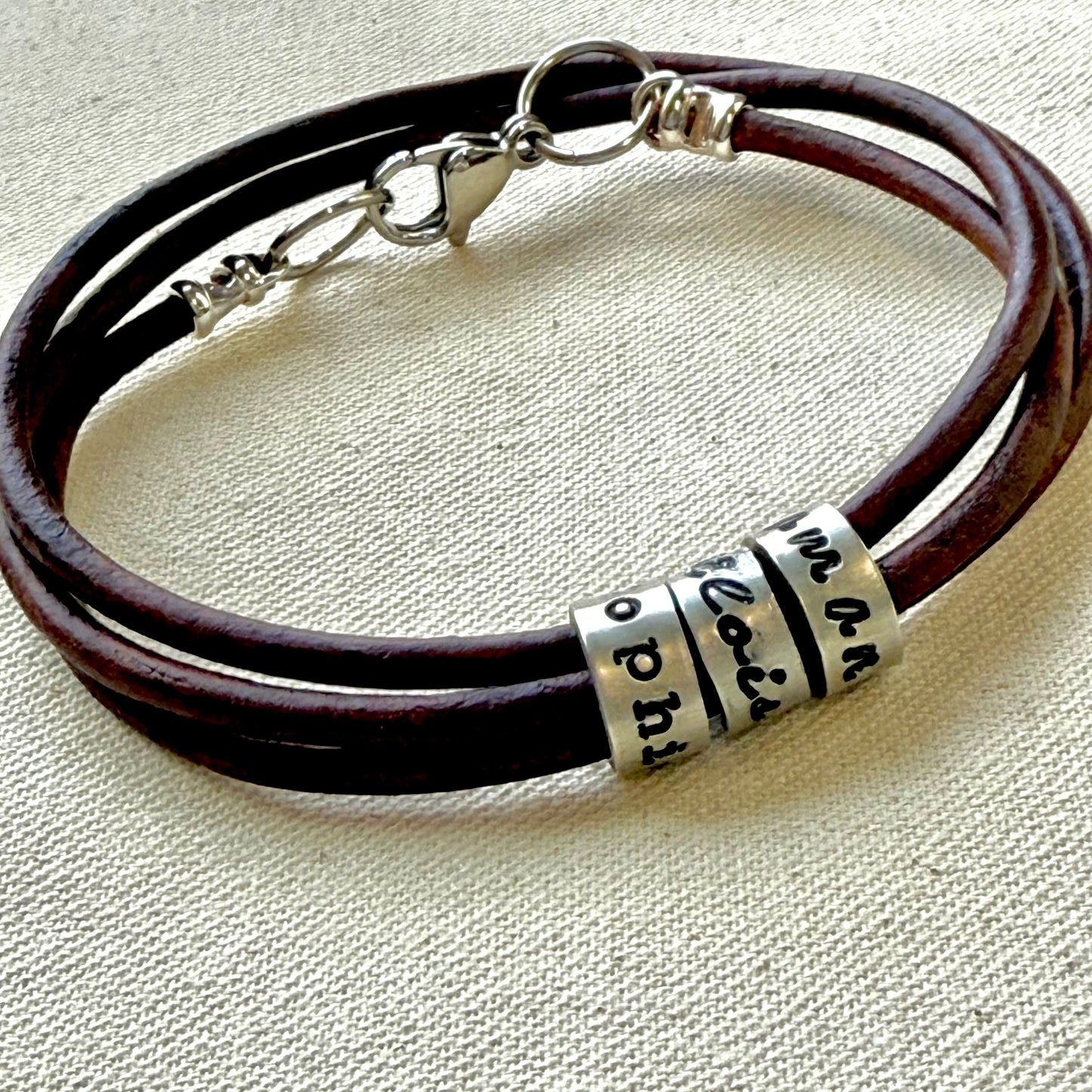 Triple wrapped Personalized Bracelet with Name Charms - Custom Leather for Men or Women - Drake Designs Jewelry