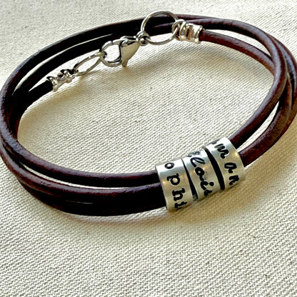 Triple wrapped Personalized Bracelet with Name Charms - Custom Leather for Men or Women - Drake Designs Jewelry