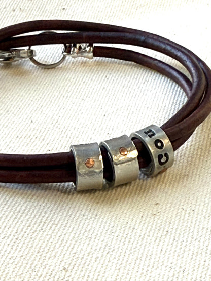 Triple wrapped Personalized Bracelet with Name Charms - Custom Leather for Men or Women - Drake Designs Jewelry