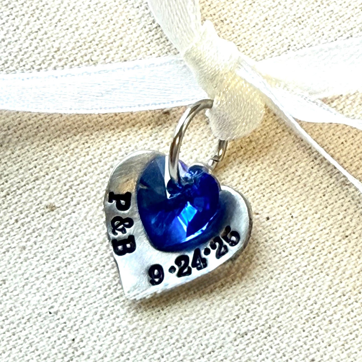 Something blue personalized heart bouquet charm with blue crystal heart - drake designs jewelry