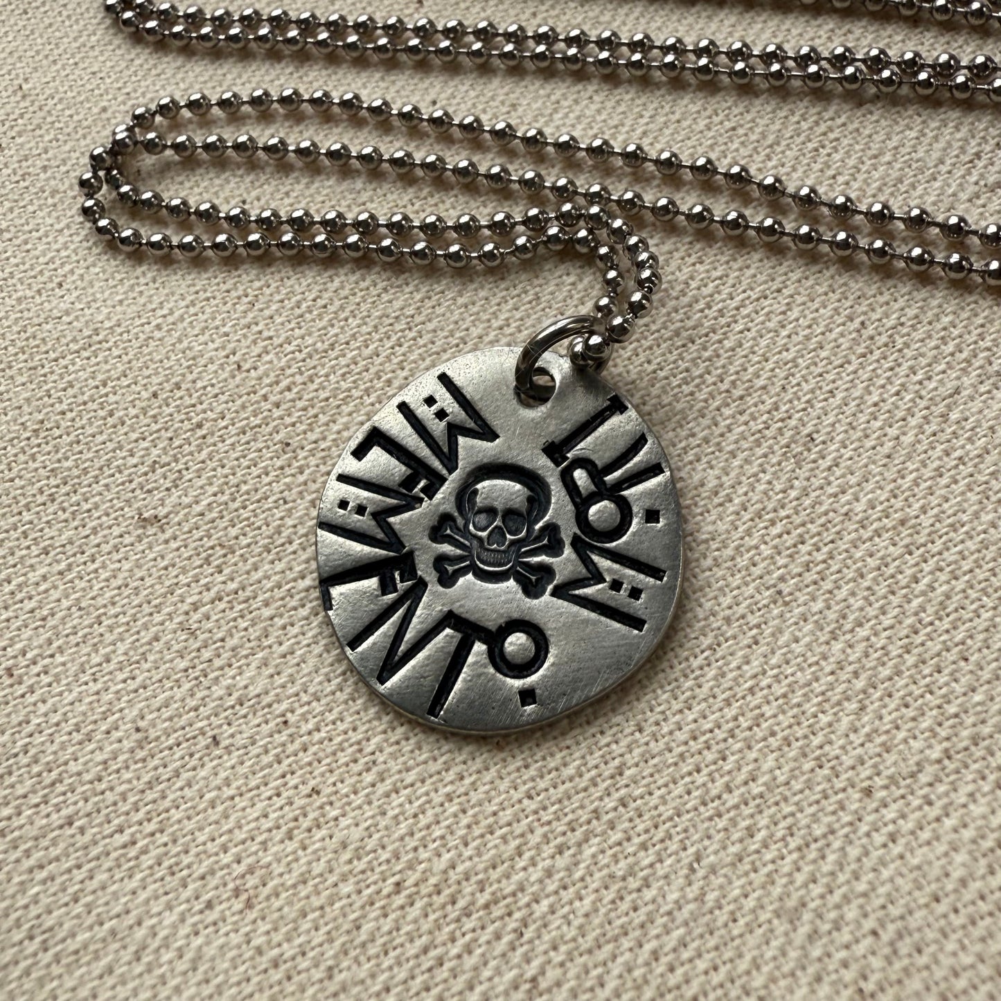 Memento mori Latin Phrase Necklace with skull and crossbones. Hand-stamped_ Drake designs jewelry