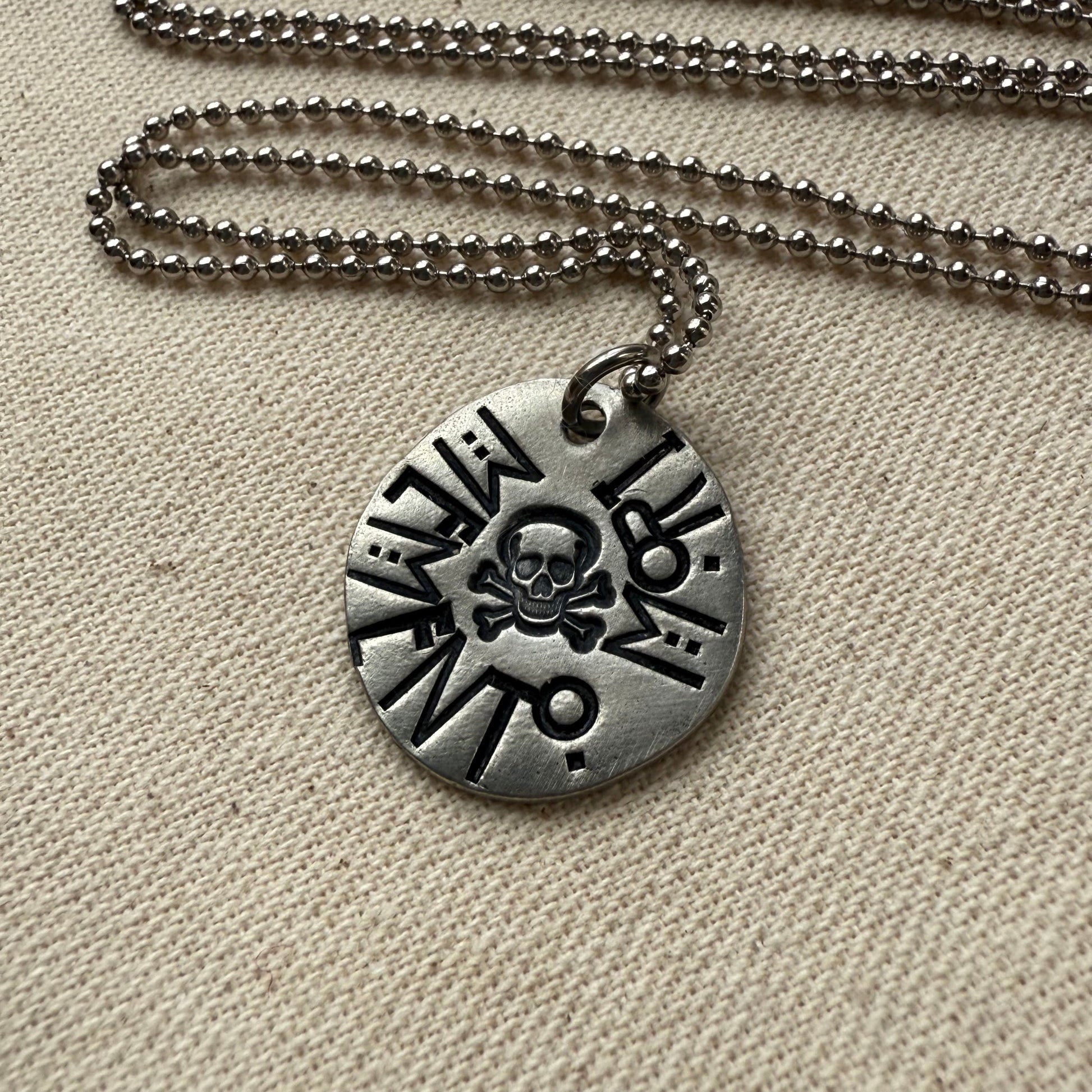 Memento mori Latin Phrase Necklace with skull and crossbones. Hand-stamped_ Drake designs jewelry