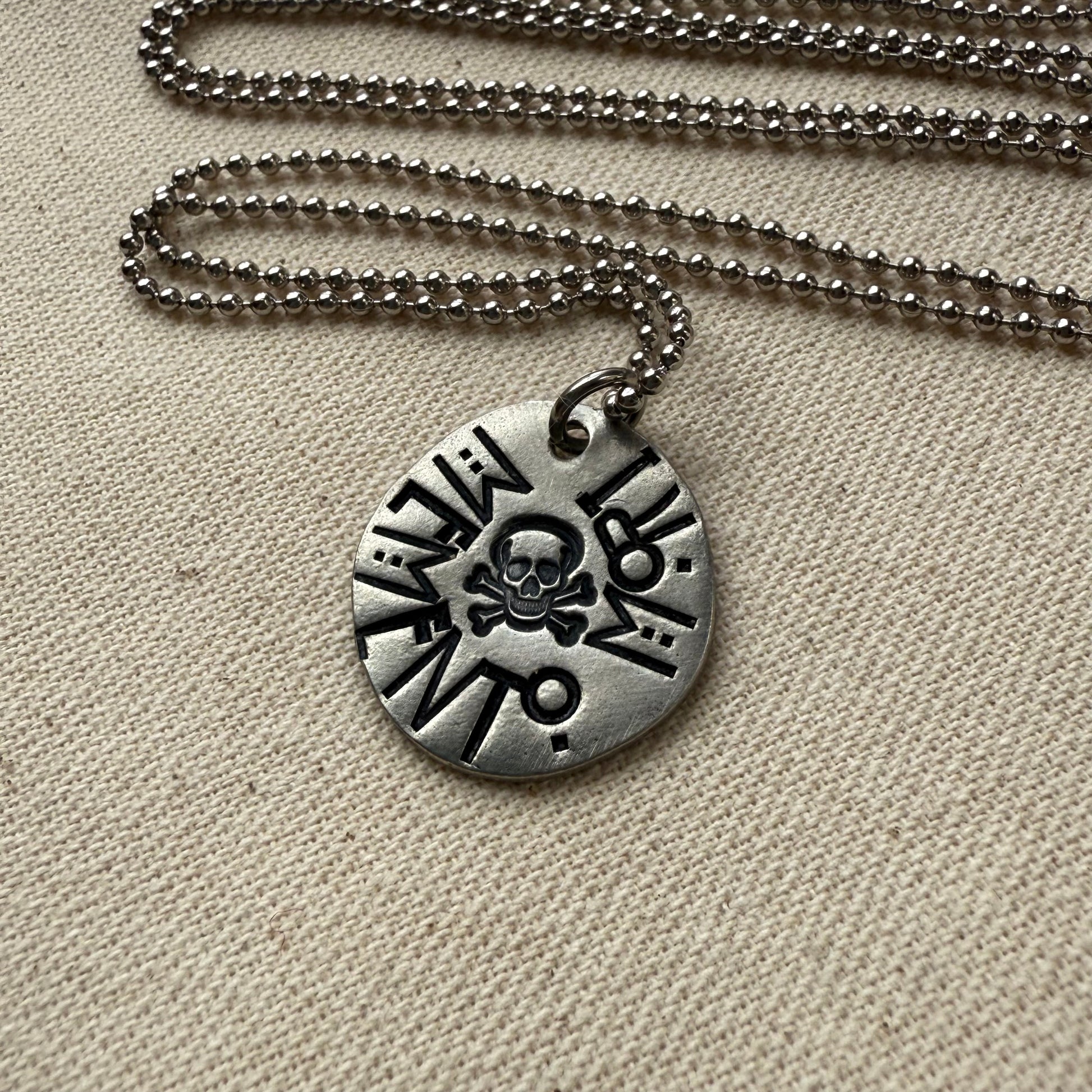 Memento mori Latin Phrase Necklace with skull and crossbones. Hand-stamped_ Drake designs jewelry