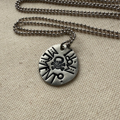 Memento mori Latin Phrase Necklace with skull and crossbones. Hand-stamped_ Drake designs jewelry