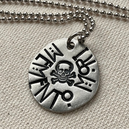 Memento mori Latin Phrase Necklace with skull and crossbones. Hand-stamped_ Drake designs jewelry