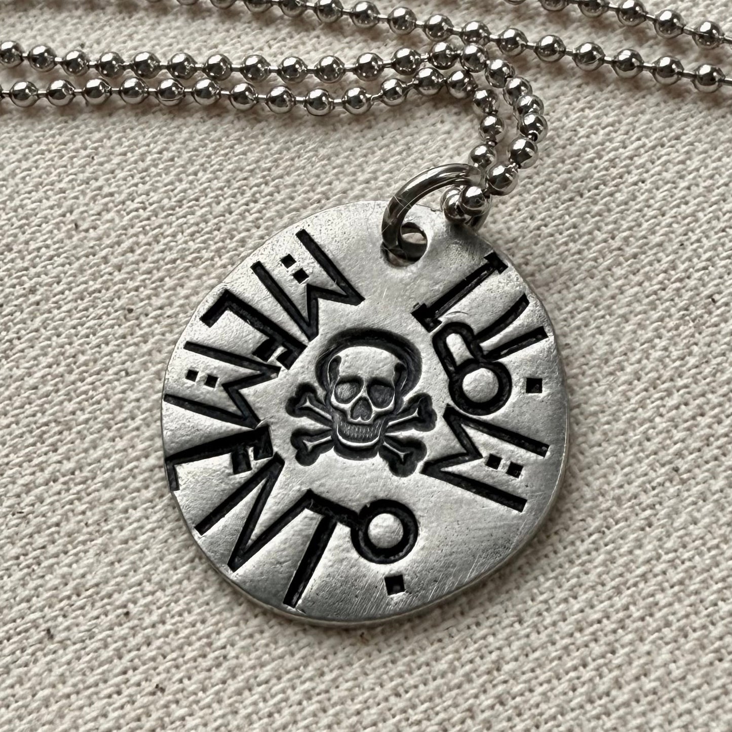Memento mori Latin Phrase Necklace with skull and crossbones. Hand-stamped_ Drake designs jewelry