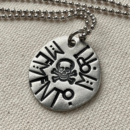 Memento mori Latin Phrase Necklace with skull and crossbones. Hand-stamped_ Drake designs jewelry