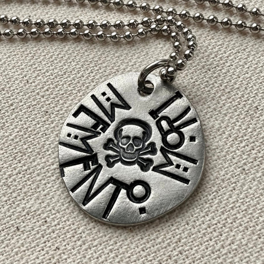 Memento mori Latin Phrase Necklace with skull and crossbones. Hand-stamped_ Drake designs jewelry