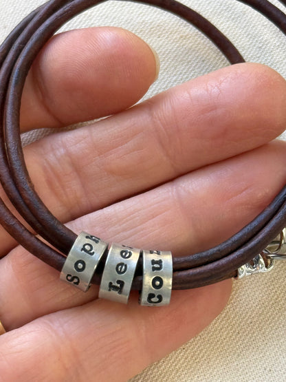 Triple wrapped Personalized Bracelet with Name Charms - Custom Leather for Men or Women - Drake Designs Jewelry