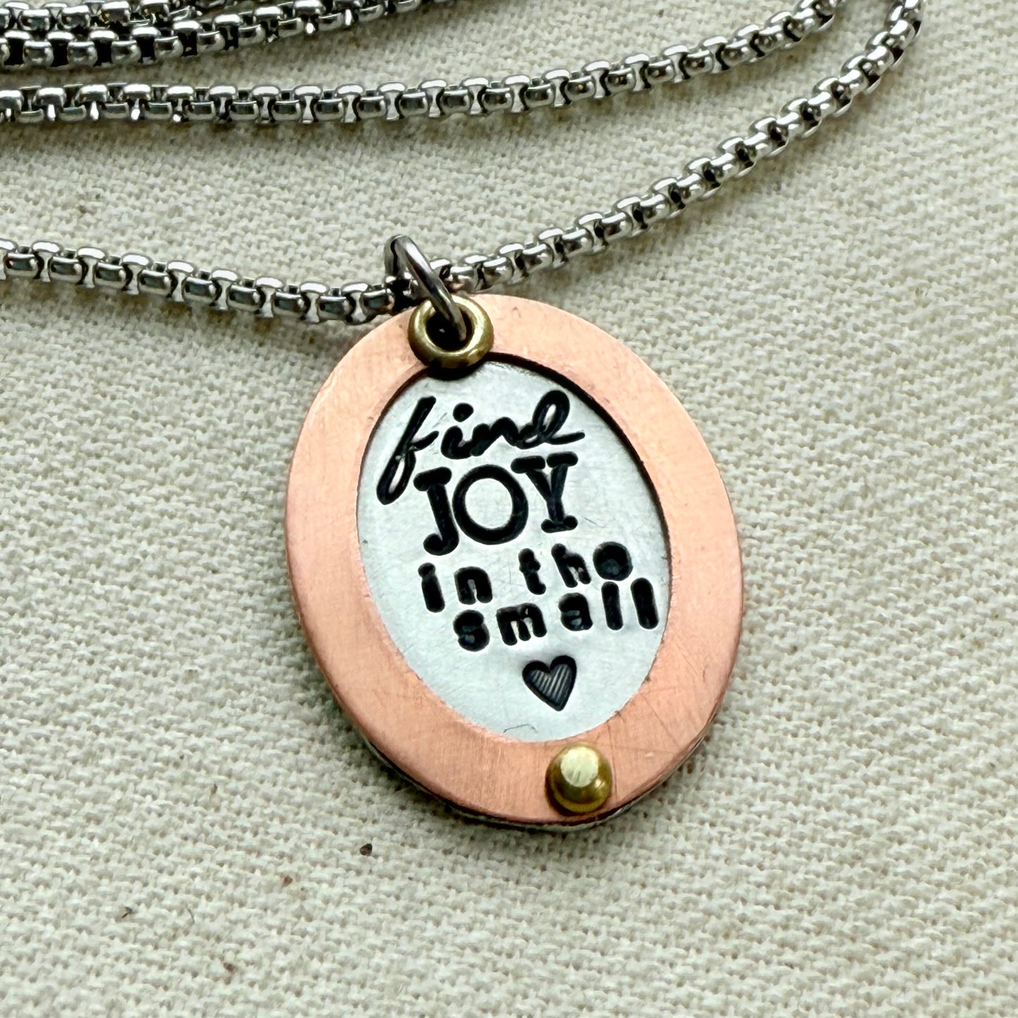 Find Joy in the Small things necklace | Inspirational Mantra Necklace | Oval mixed metal pendant | Drake Designs Jewelry