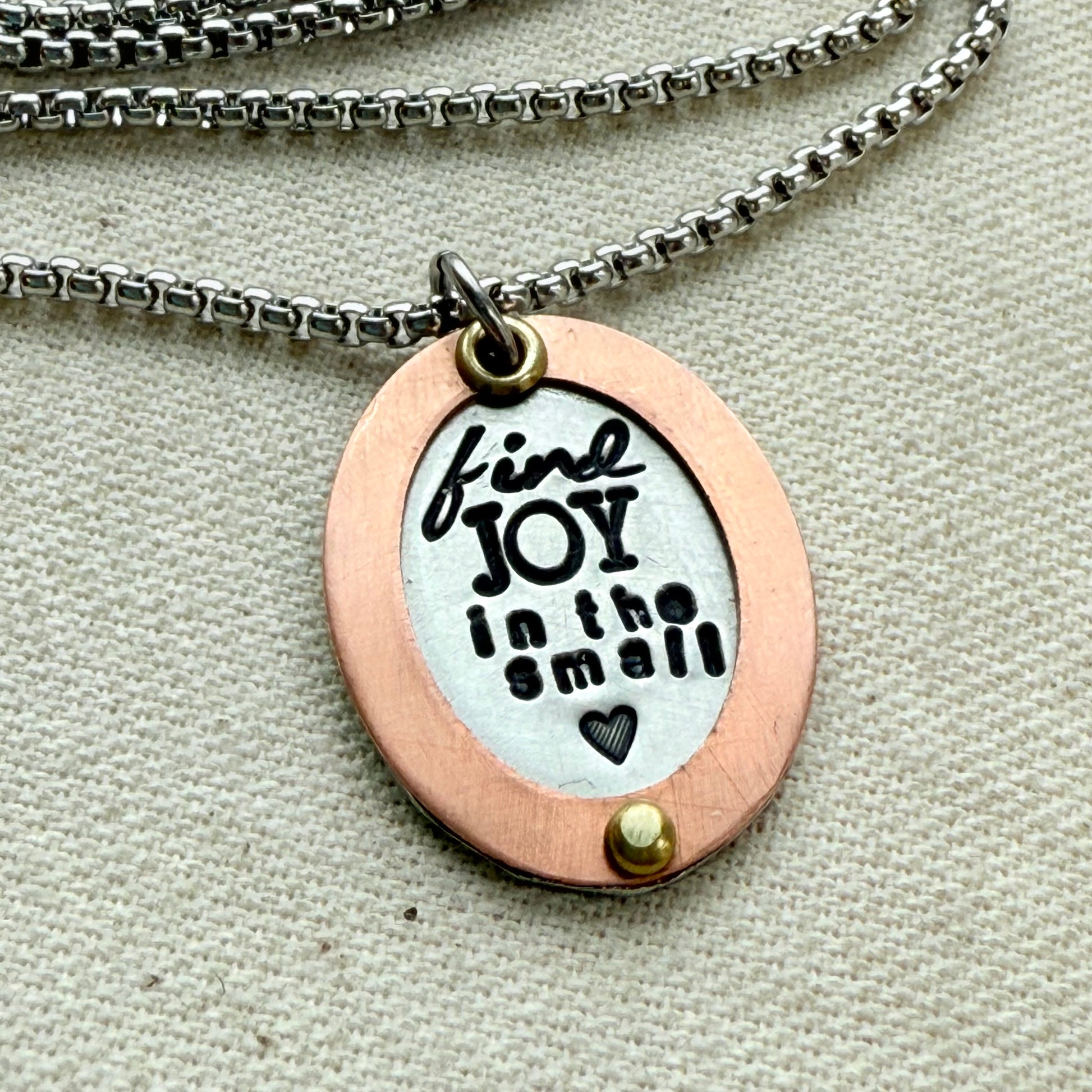 Find Joy in the Small things necklace | Inspirational Mantra Necklace | Oval mixed metal pendant | Drake Designs Jewelry