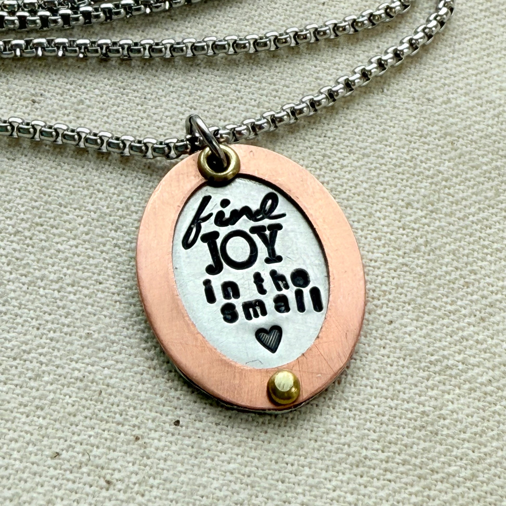 Find Joy in the Small things necklace | Inspirational Mantra Necklace | Oval mixed metal pendant | Drake Designs Jewelry