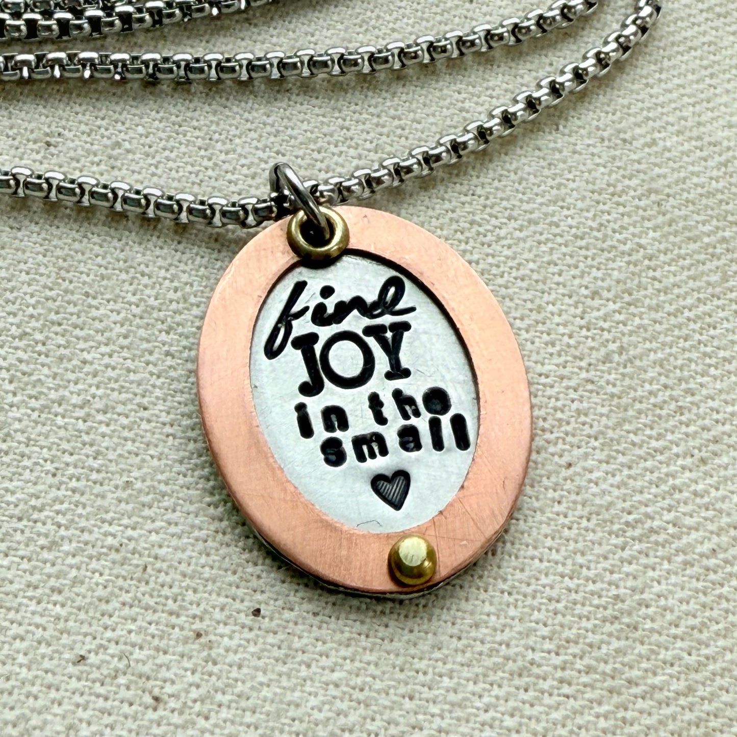 Find Joy in the Small things necklace | Inspirational Mantra Necklace | Oval mixed metal pendant | Drake Designs Jewelry
