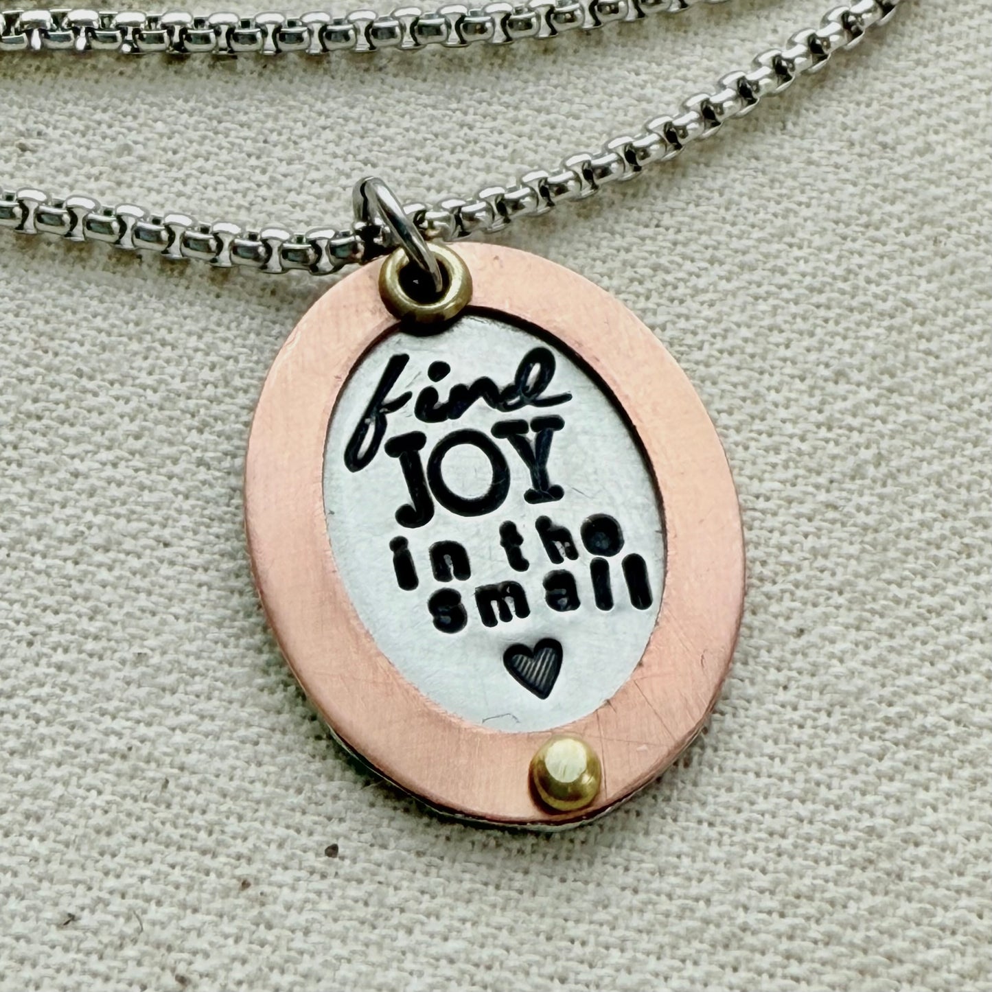 Find Joy in the Small things necklace | Little things | Inspirational Mantra Necklace | Oval mixed metal pendant | Drake Designs Jewelry
