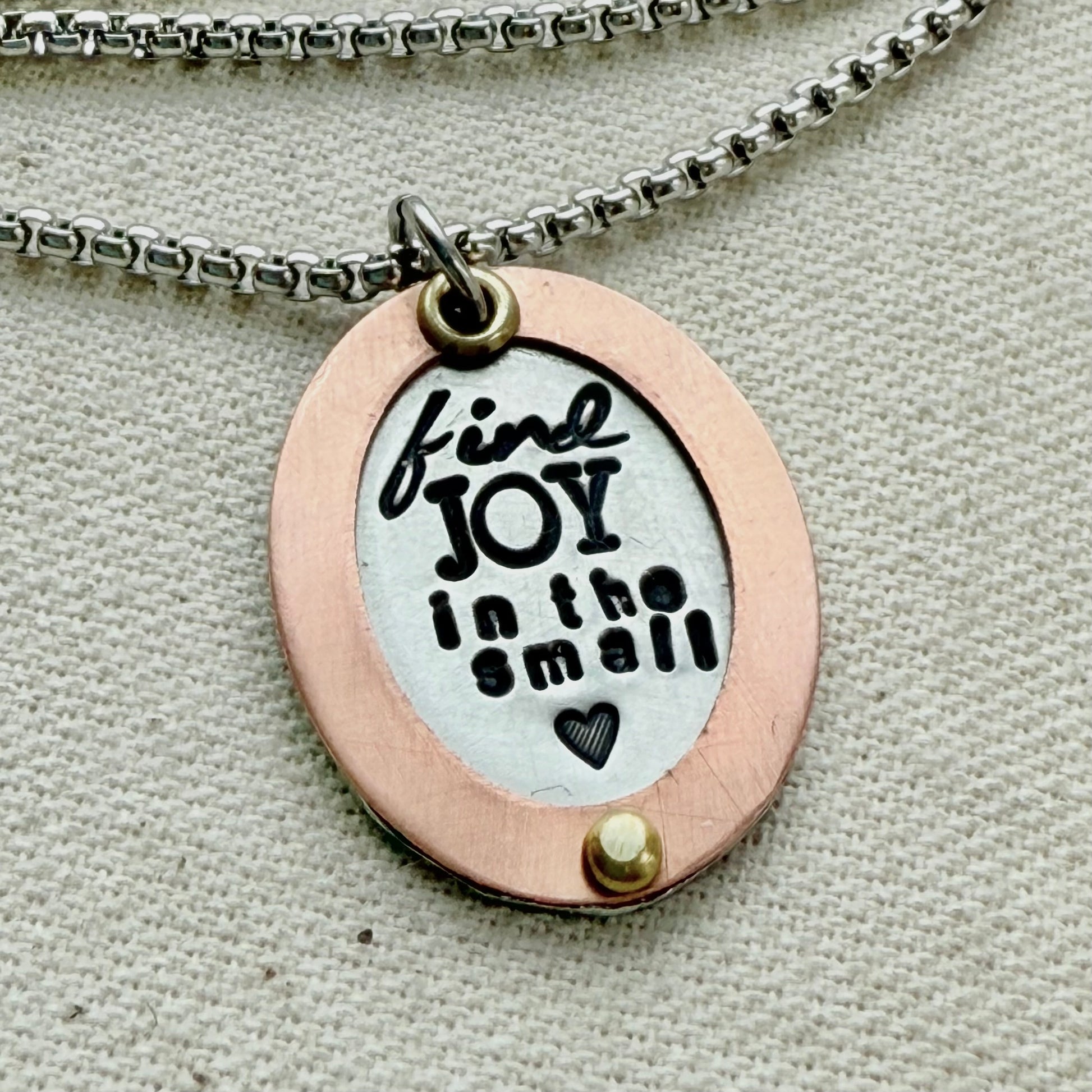 Find Joy in the Small things necklace | Little things | Inspirational Mantra Necklace | Oval mixed metal pendant | Drake Designs Jewelry