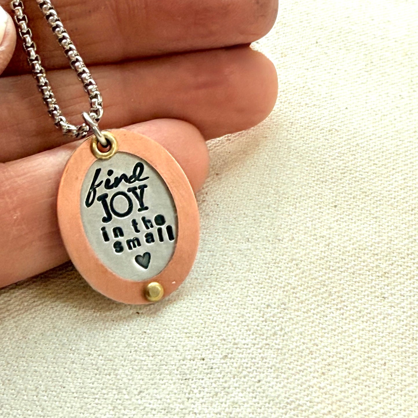 Find Joy in the Small things necklace | Inspirational Mantra Necklace | Oval mixed metal pendant | Drake Designs Jewelry
