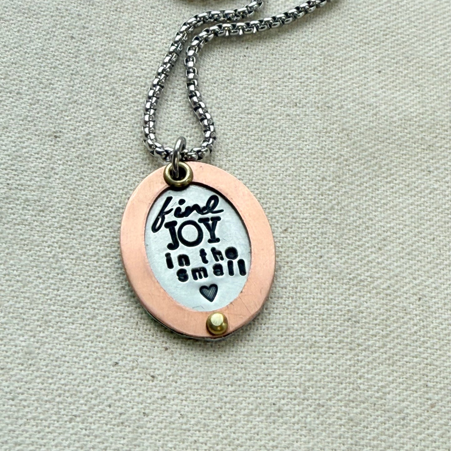 Find Joy in the Small things necklace | Inspirational Mantra Necklace | Oval mixed metal pendant | Drake Designs Jewelry