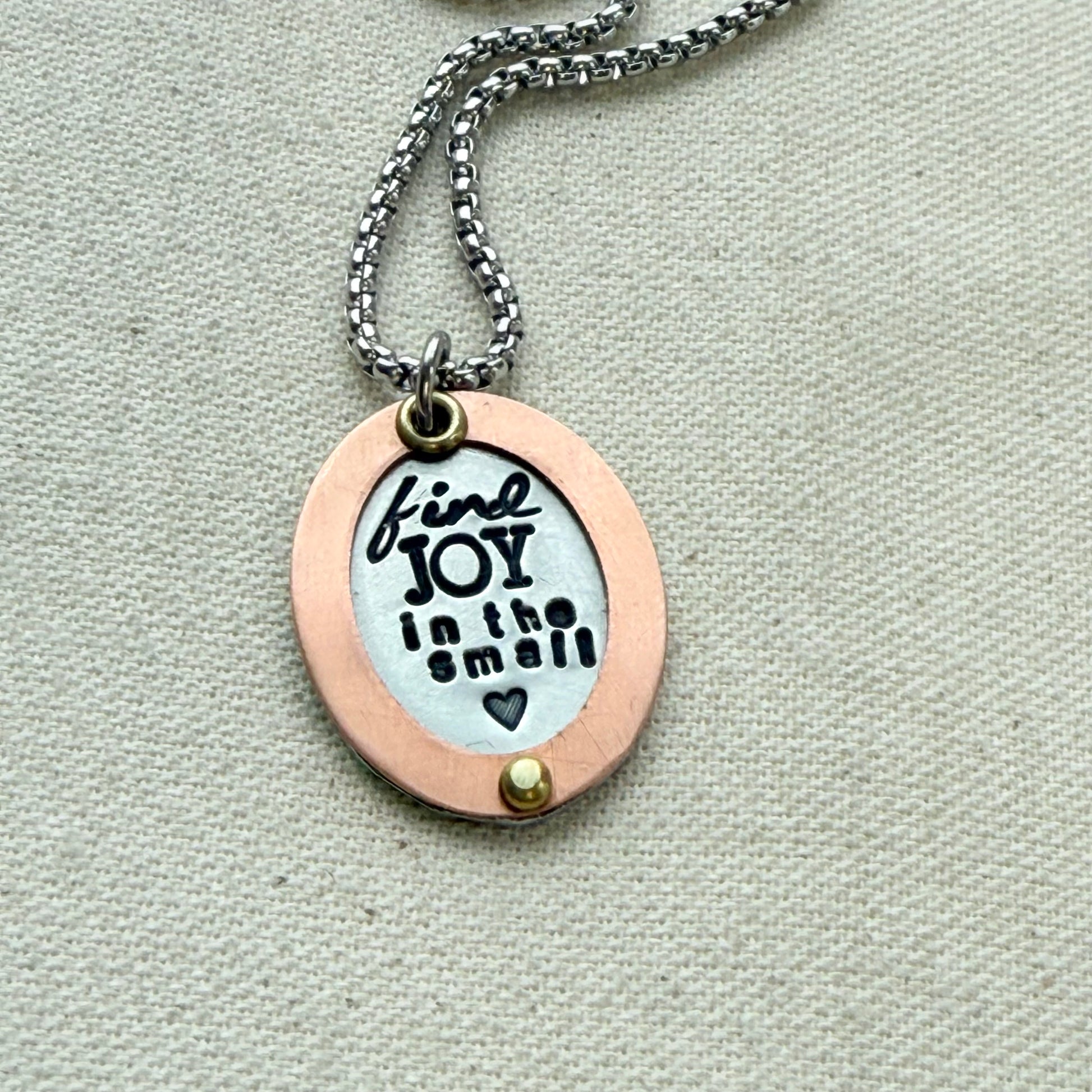 Find Joy in the Small things necklace | Inspirational Mantra Necklace | Oval mixed metal pendant | Drake Designs Jewelry