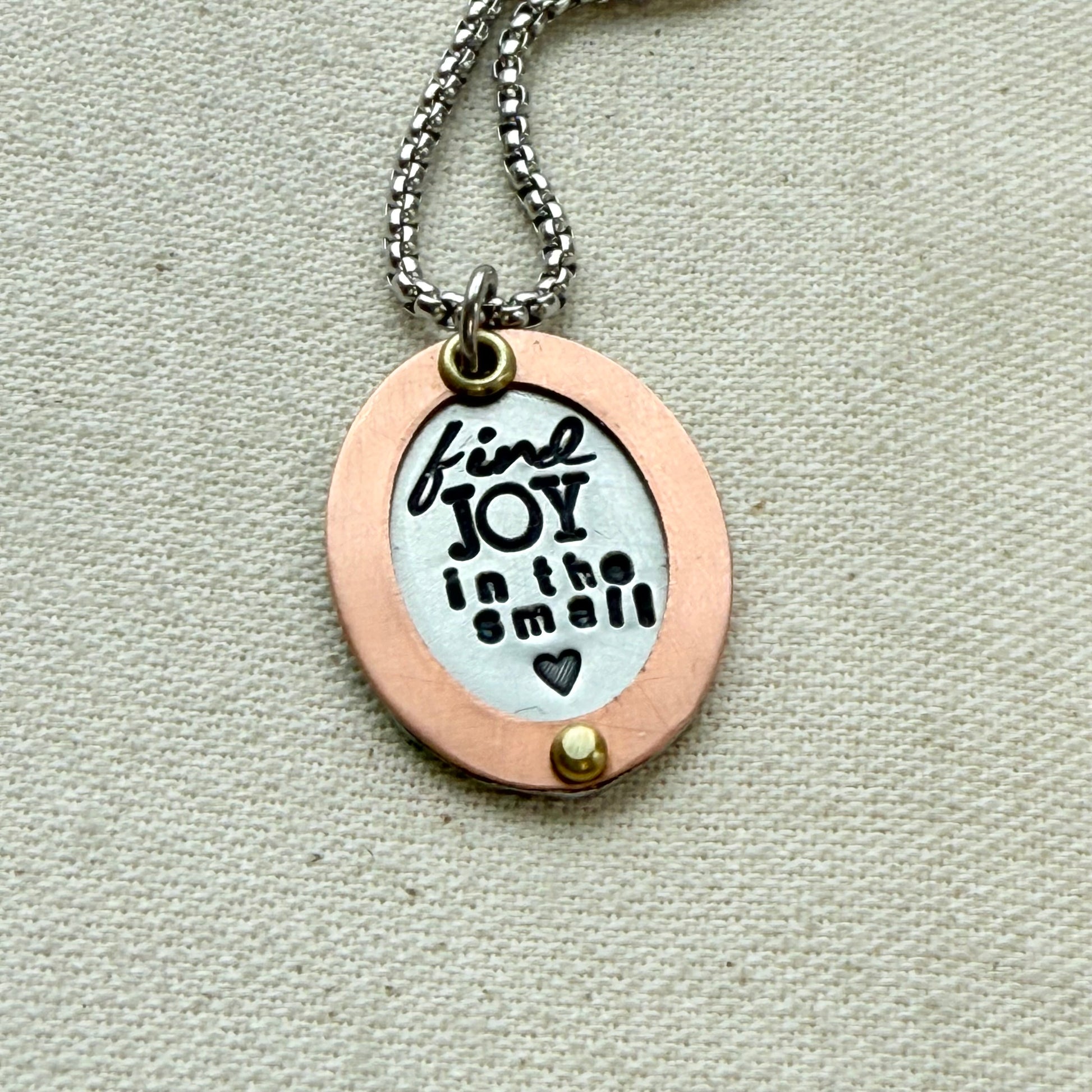 Find Joy in the Small things necklace | Inspirational Mantra Necklace | Oval mixed metal pendant | Drake Designs Jewelry