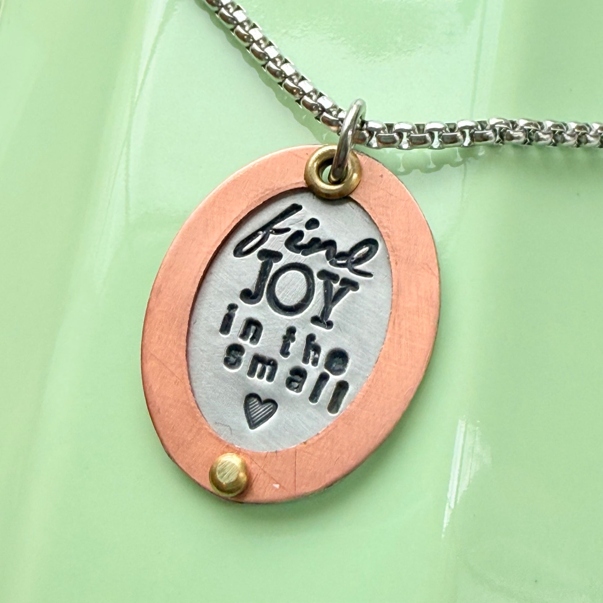 Find Joy in the Small things necklace | Inspirational Mantra Necklace | Oval mixed metal pendant | Drake Designs Jewelry