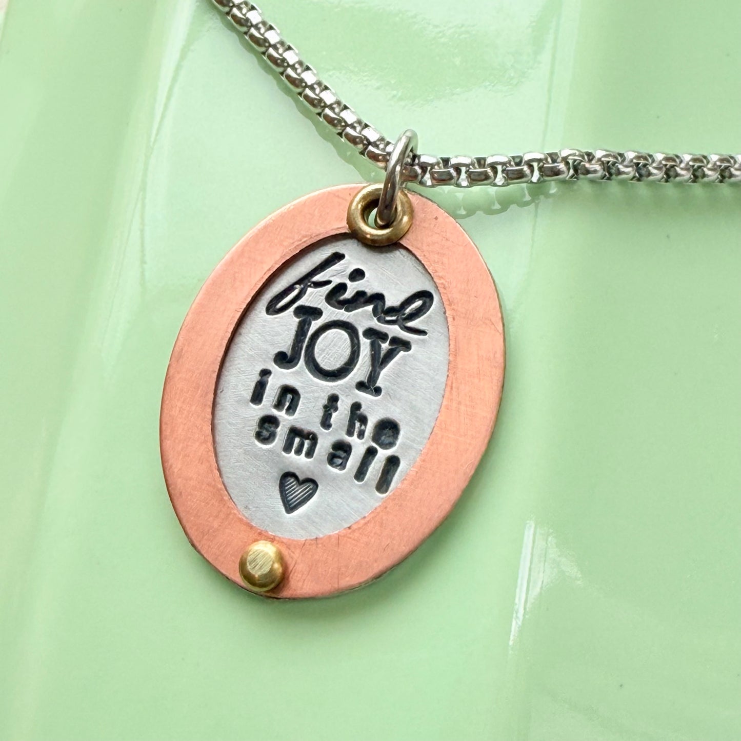 Find Joy in the Small things necklace | Inspirational Mantra Necklace | Oval mixed metal pendant | Drake Designs Jewelry