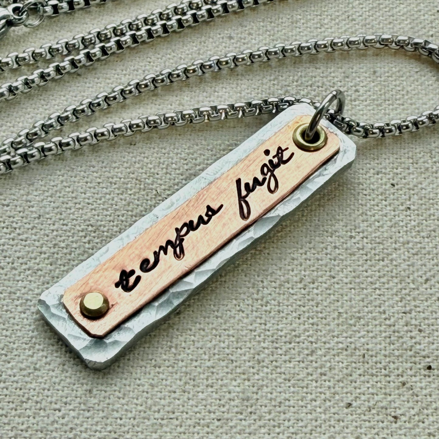 Tempus Fugit necklace | Latin Phrase Jewelry | mindfulness mantra | mixed meta  hammered silver copper and gold pendant | drake designs jewelry