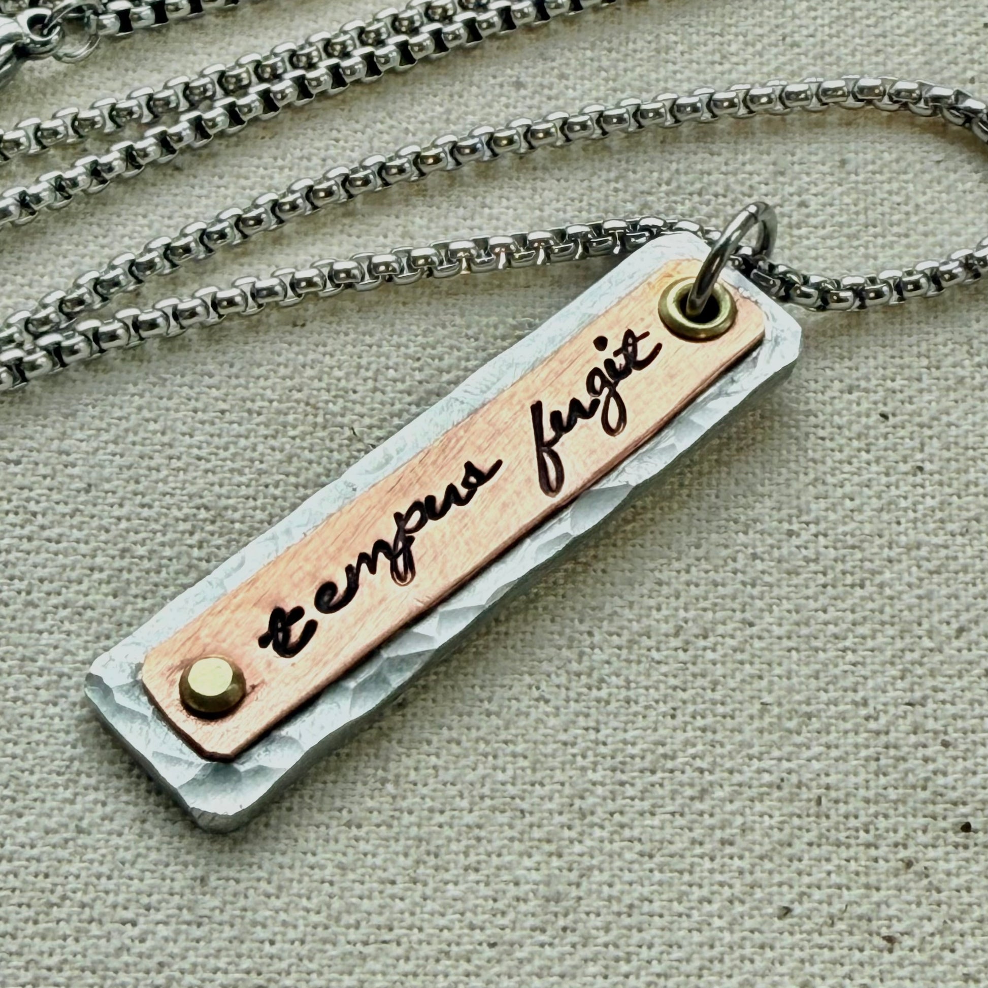 Tempus Fugit necklace | Latin Phrase Jewelry | mindfulness mantra | mixed meta  hammered silver copper and gold pendant | drake designs jewelry