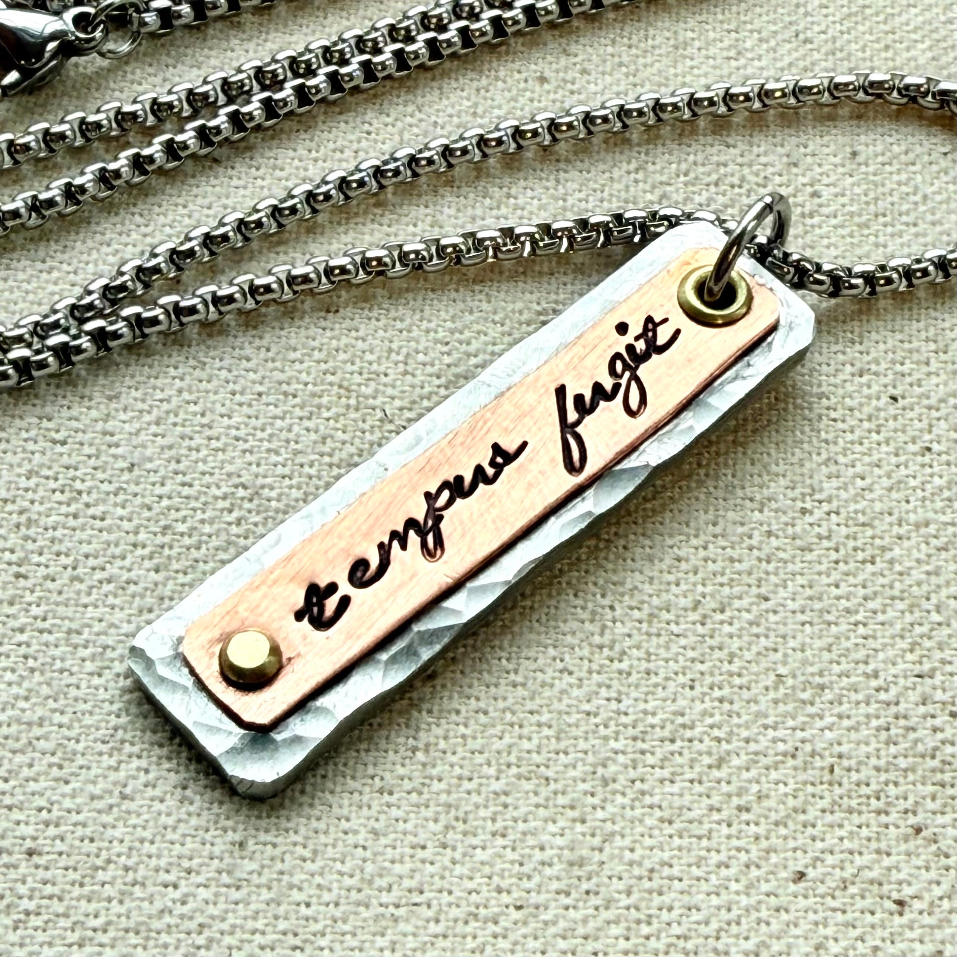 Tempus Fugit necklace | Latin Phrase Jewelry | mindfulness mantra | mixed meta  hammered silver copper and gold pendant | drake designs jewelry