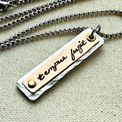 Tempus Fugit necklace | Latin Phrase Jewelry | mindfulness mantra | mixed meta  hammered silver copper and gold pendant | drake designs jewelry