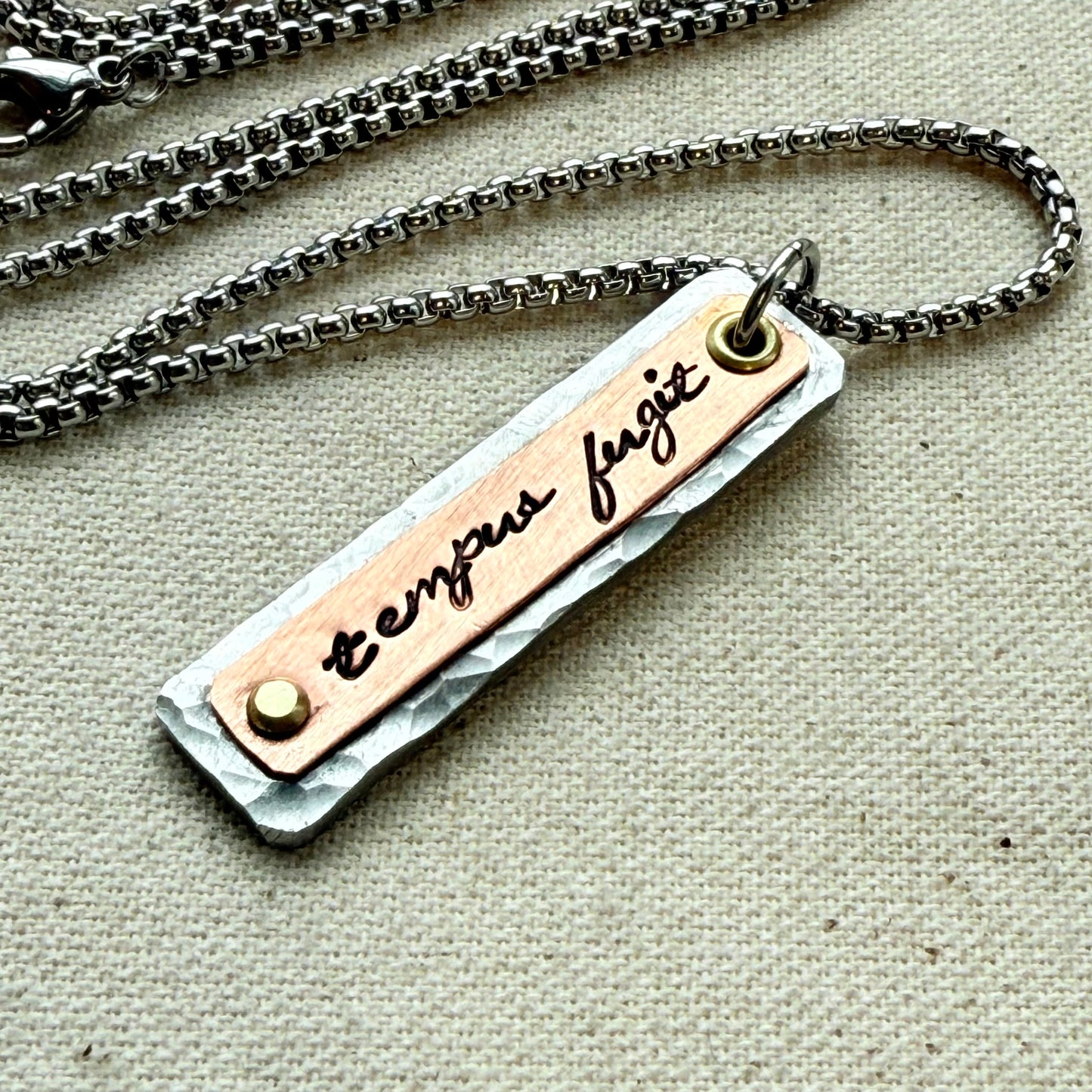Tempus Fugit necklace | Latin Phrase Jewelry | mindfulness mantra | mixed meta  hammered silver copper and gold pendant | drake designs jewelry